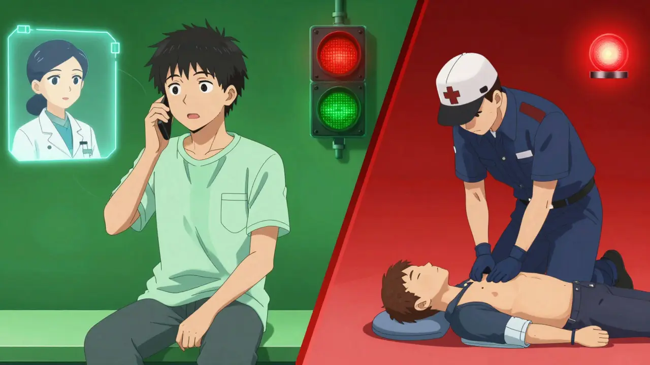 Split-screen anime art contrasting calm Poison Control advice with urgent EMS life-saving action.