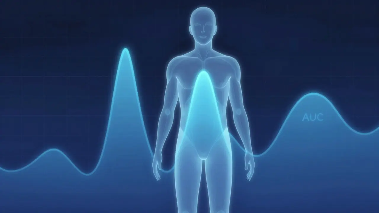 Stylized anime graphic showing drug absorption curves in body