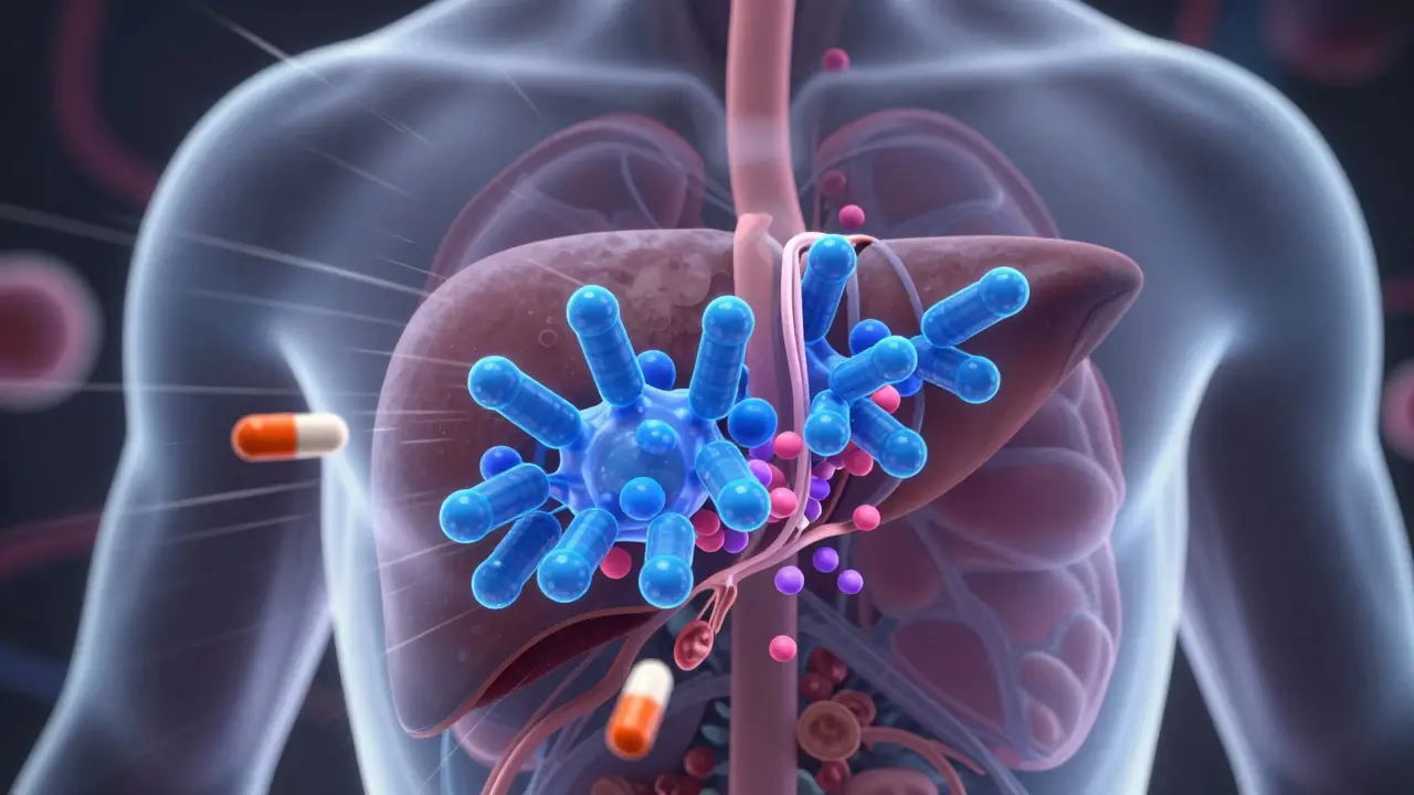Stylized liver enzymes breaking down hormones rapidly