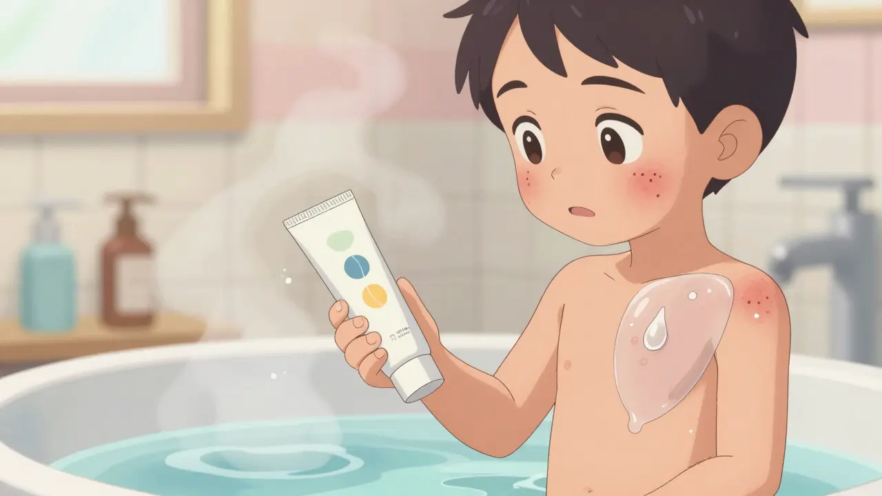 Anime character in bathroom illustrating the soak and seal method for eczema care.
