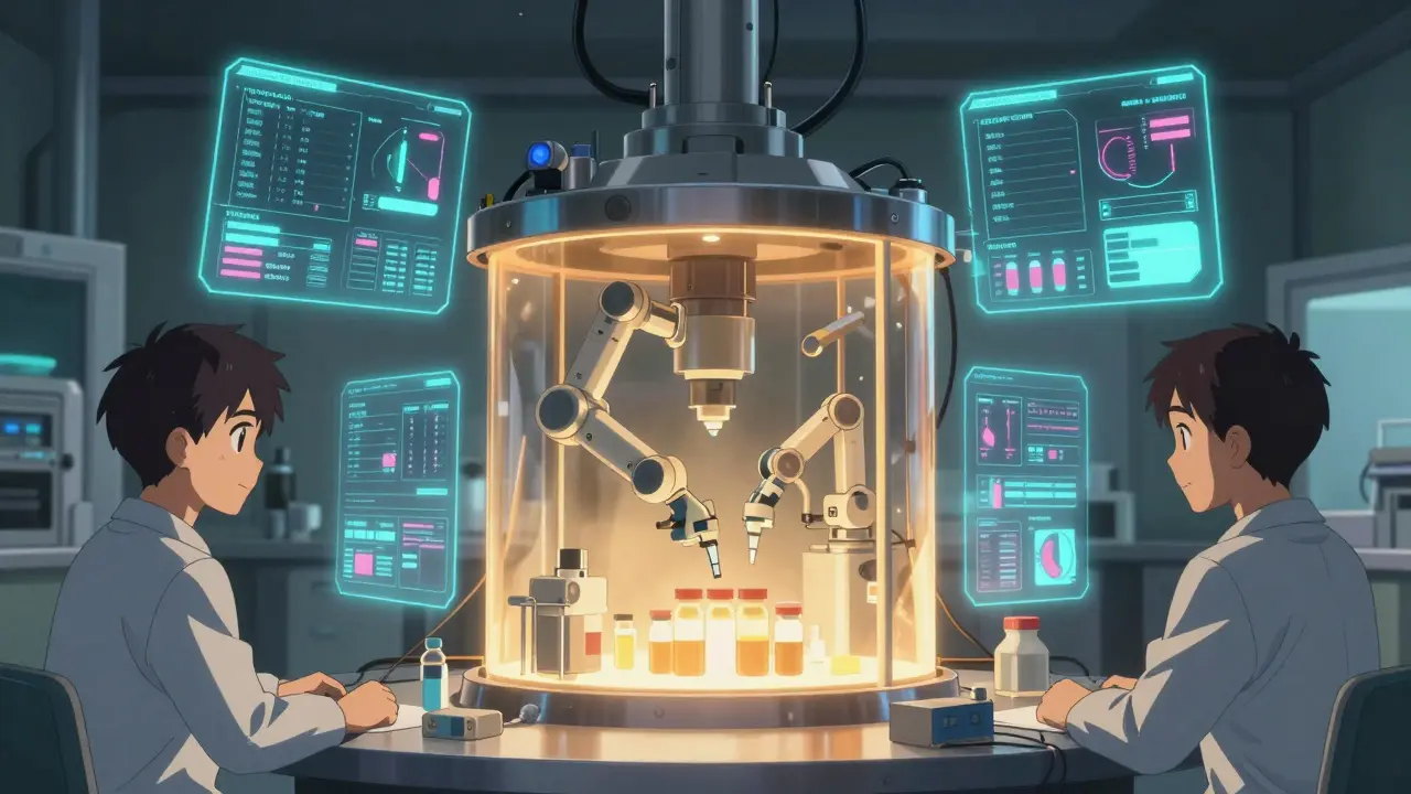 Anime engineers monitoring sterile isolator systems and real-time data streams