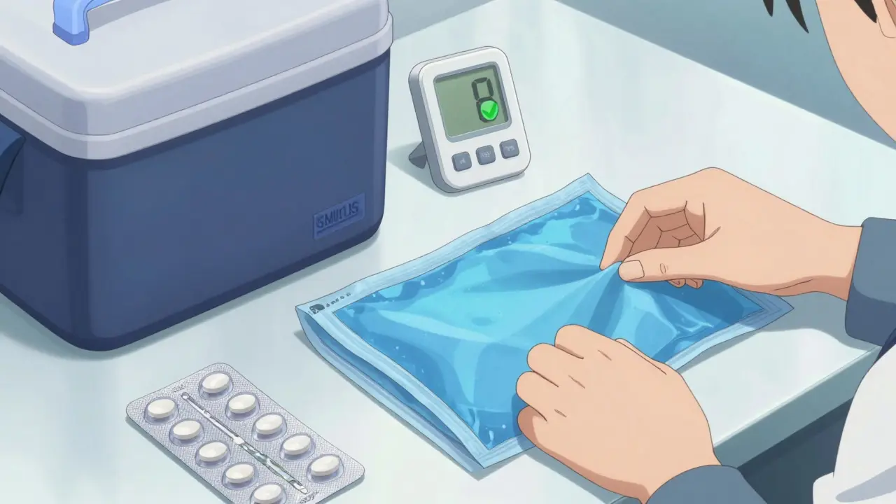 Anime flat lay of medical cooler and gel packs