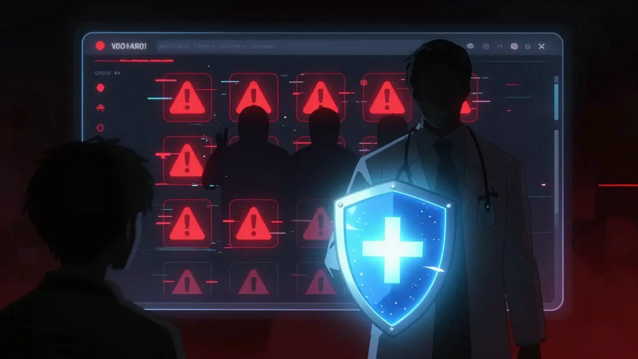 Anime hero protecting user from dangerous fake pharmacy sites