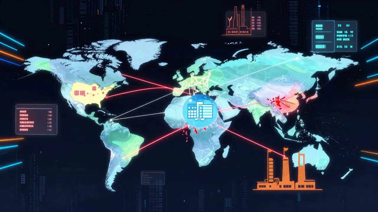 Anime illustration of fragile global drug supply chain networks