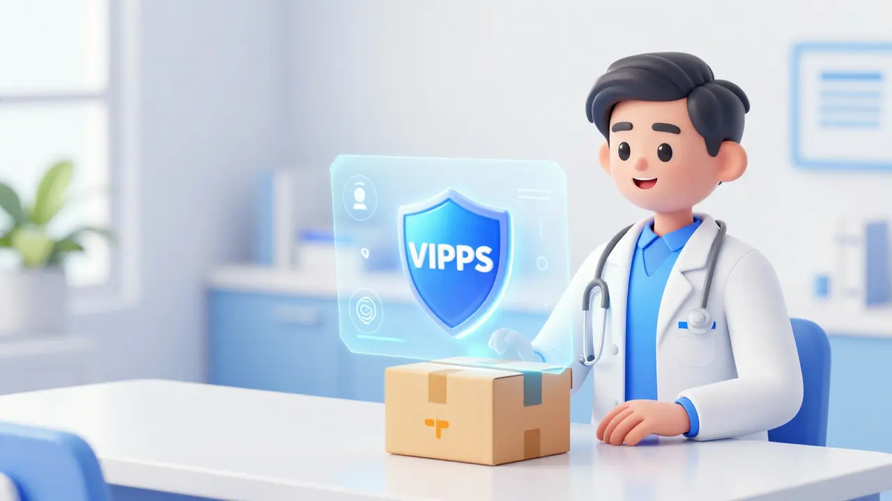 Anime illustration of secure online pharmacy with verified doctor and shield