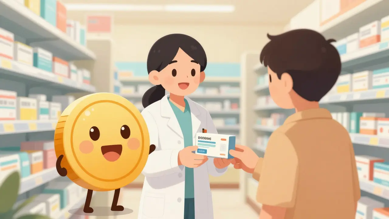 Anime pharmacist handing discounted pills to happy customer