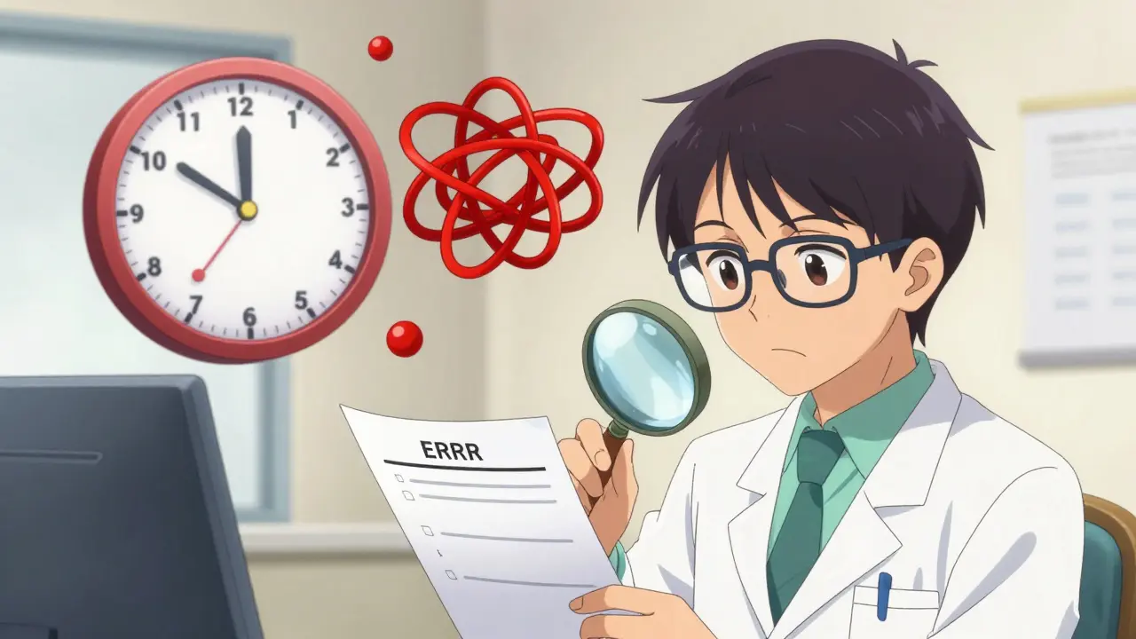 Anime pharmacist reviewing prescriptions with abstract symbols of drug safety.