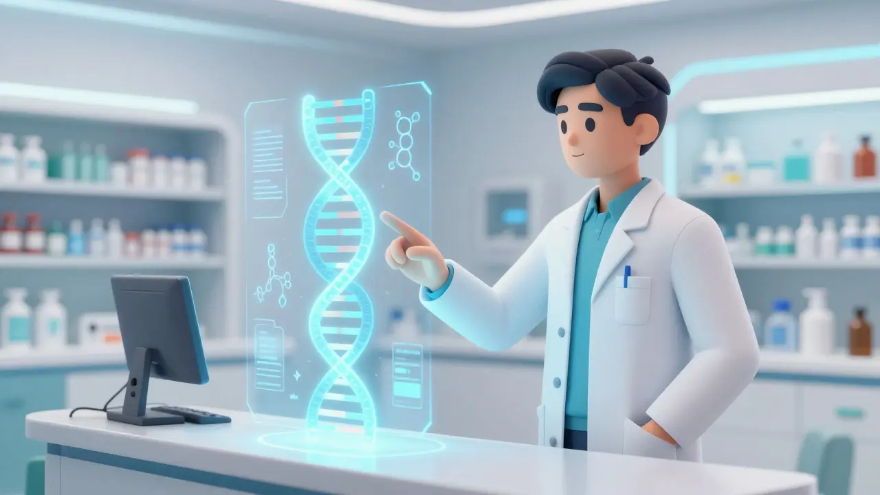 Anime pharmacist using holographic DNA tech for precision medicine in a clinic.