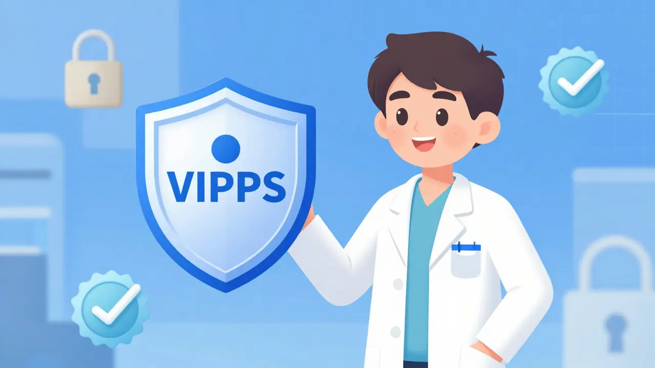 Anime pharmacist with security shield symbolizing safe online pharmacy