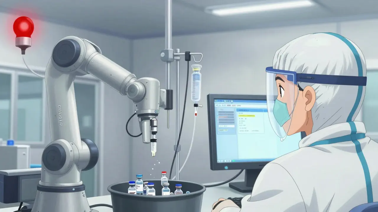 Anime scene of sterile drug manufacturing contamination alert