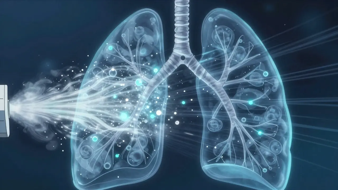 Anime style visualization of inhaler particles entering lungs