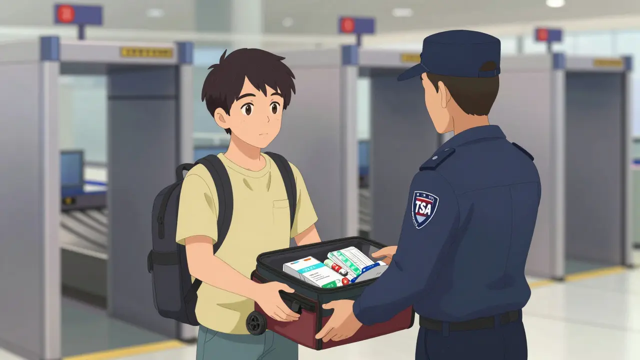 Anime traveler showing meds at airport security