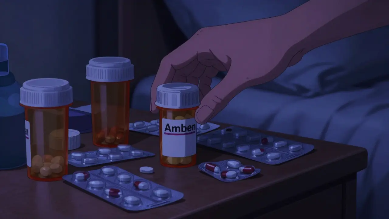 Close-up of various prescription pill bottles on a nightstand