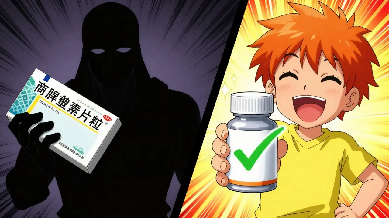 Manga style comparison of expensive brand vs cheap generic pills