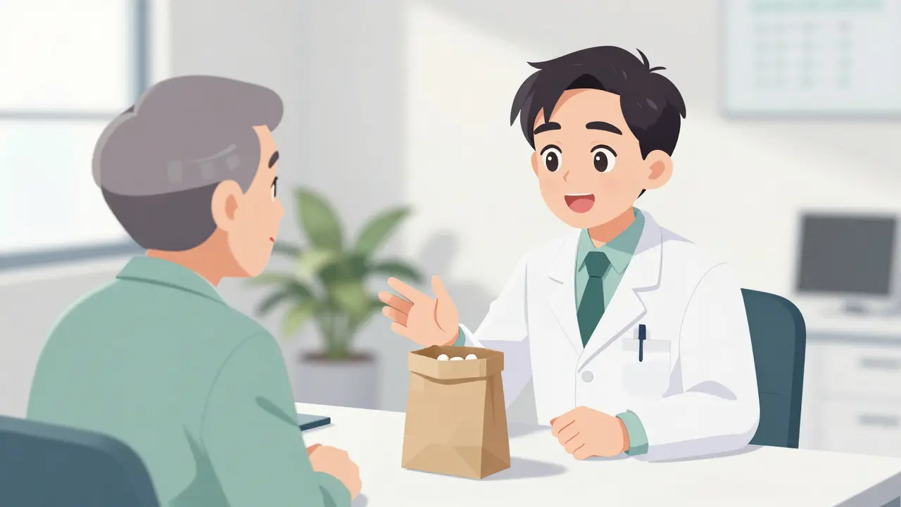 Patient discussing medication review with doctor in clinic