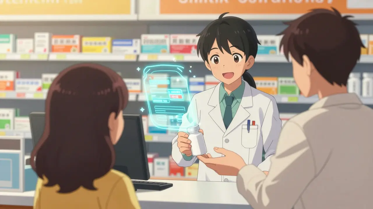 Pharmacist handing prescription bottle with discount aura