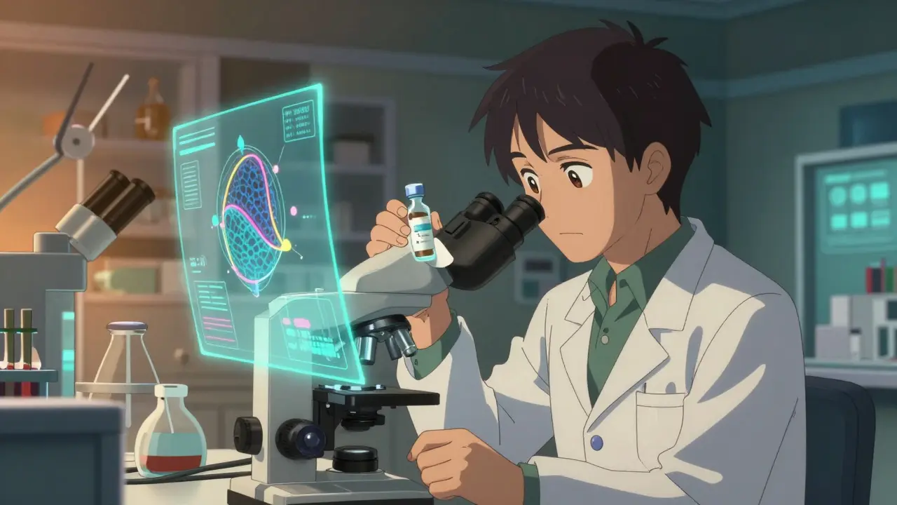 Scientist analyzing patches and injections in a lab