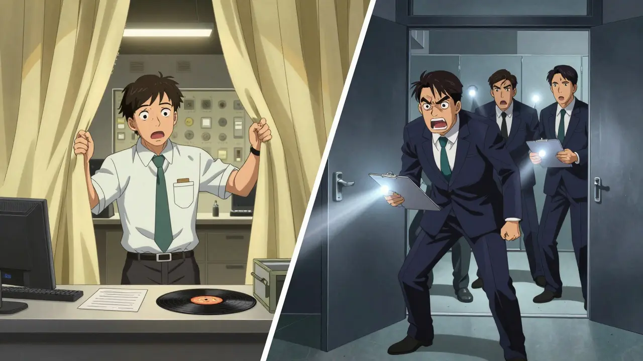 Anime art showing FDA inspectors surprising a foreign drug factory during an unannounced audit.