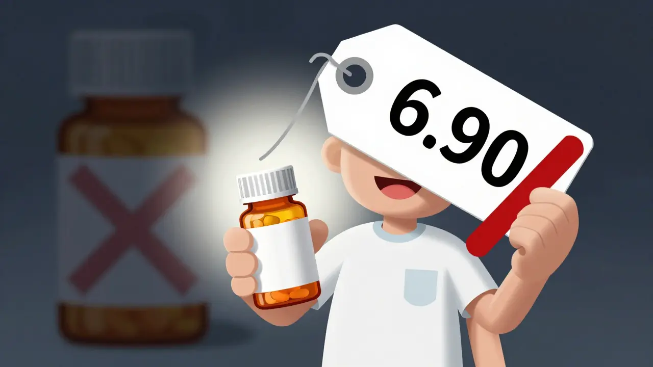Anime character holding safe generic medication and a discount coupon.