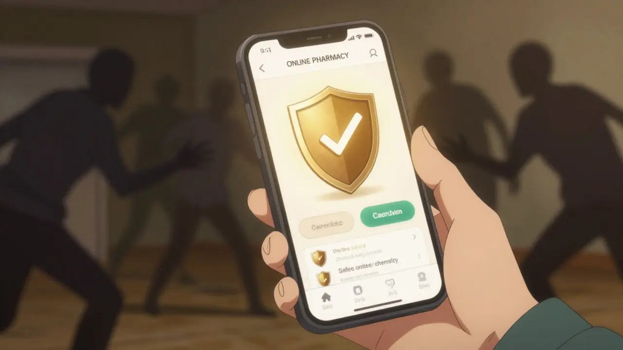 Anime character protected by safety shield against online pharmacy scams