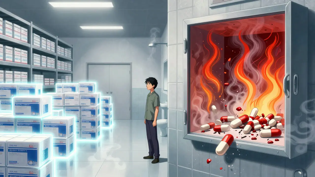 Anime comparison of ideal warehouse vs humid bathroom drug storage