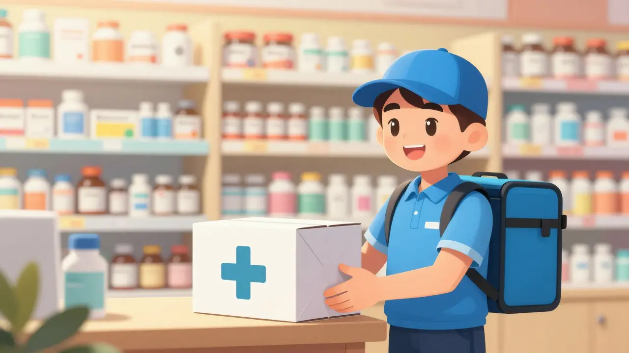 Anime courier delivering a prescription package from an online pharmacy.