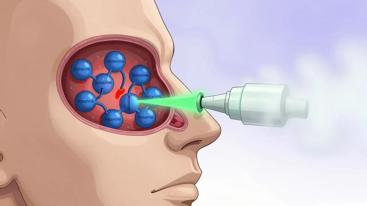 Anime cross-section showing nasal spray mist blocking histamine molecules