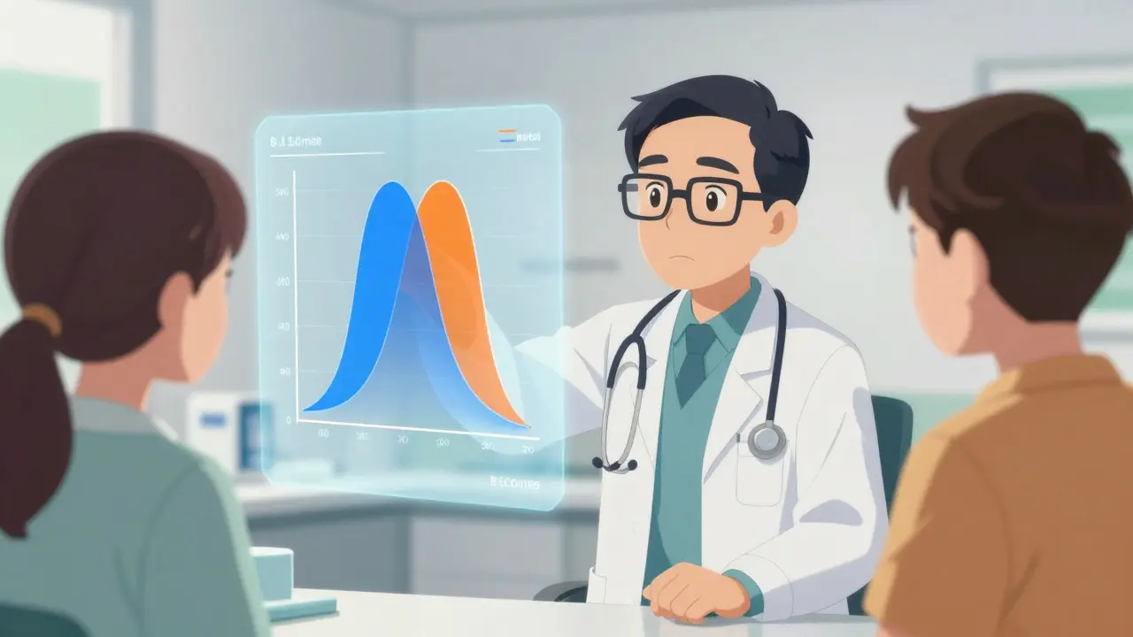 Anime doctor explaining medication safety charts to a concerned patient