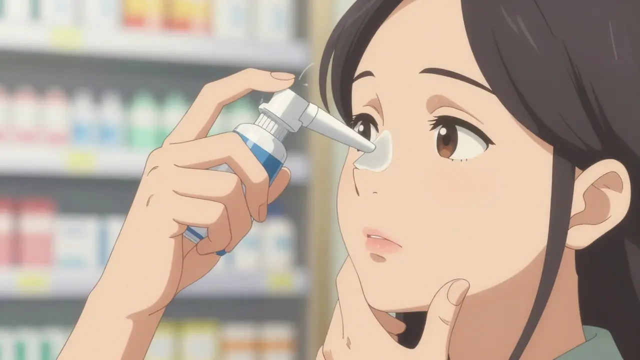 Anime girl demonstrating correct nasal spray angle away from septum