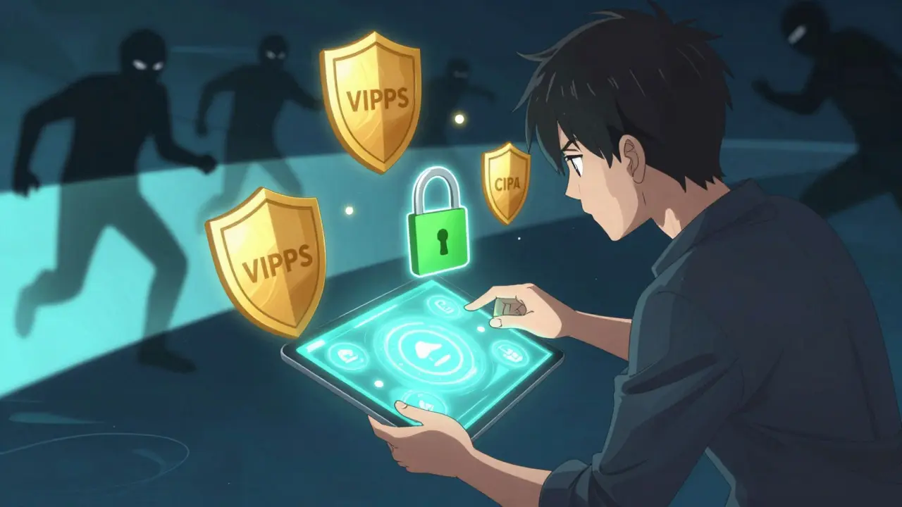 Anime hero verifying safe online pharmacy with security shields