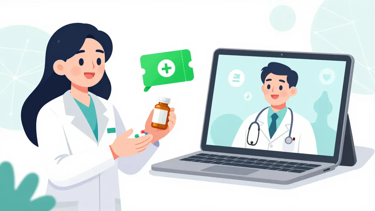 Anime illustration comparing discount coupons and telemedicine services