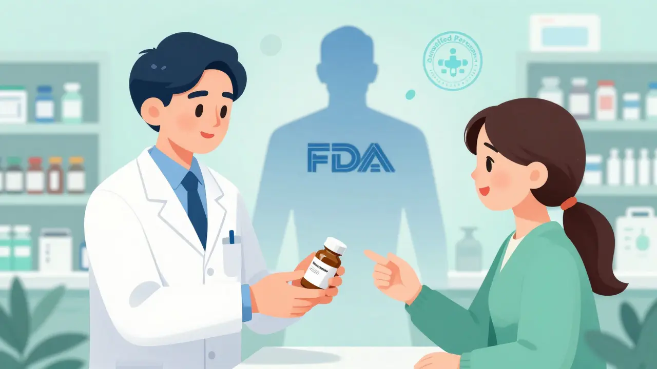 Anime illustration of a pharmacist giving safe medication to a patient with regulatory oversight symbols.