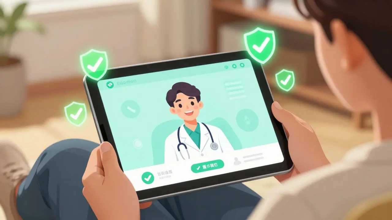 Anime person having a secure video call with a doctor on a tablet