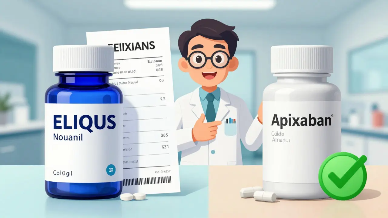 Anime pharmacist comparing brand name vs generic apixaban pills