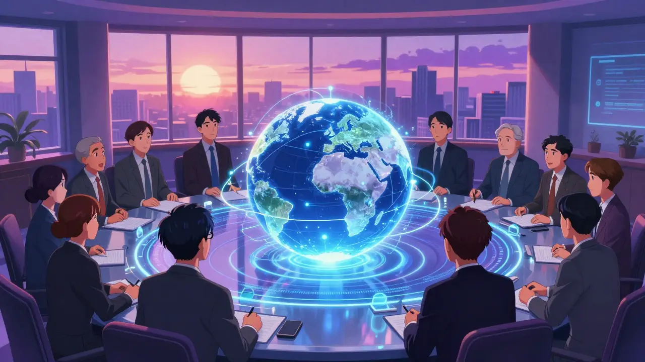 Anime professionals collaborating around a holographic globe map.