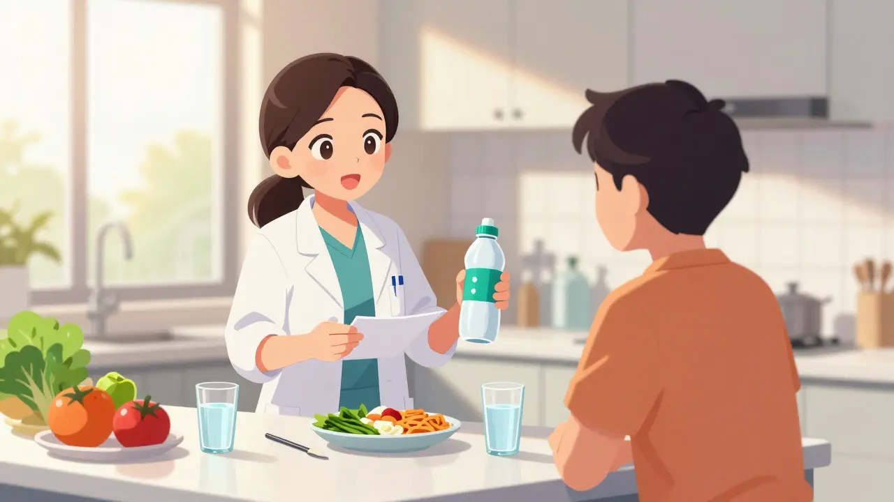 Anime style dietitian and patient reviewing a balanced meal and water intake plan in a sunny kitchen.