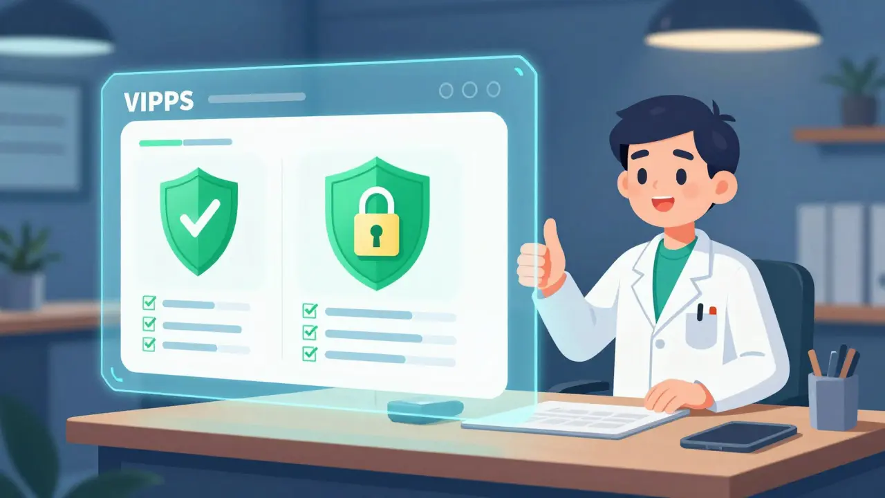 Anime style safe online pharmacy interface with verification icons