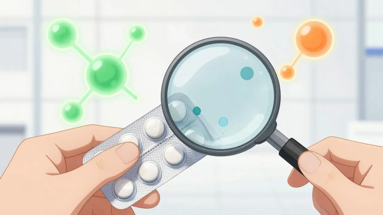 Close up of pills with magnifying glass showing molecular structure