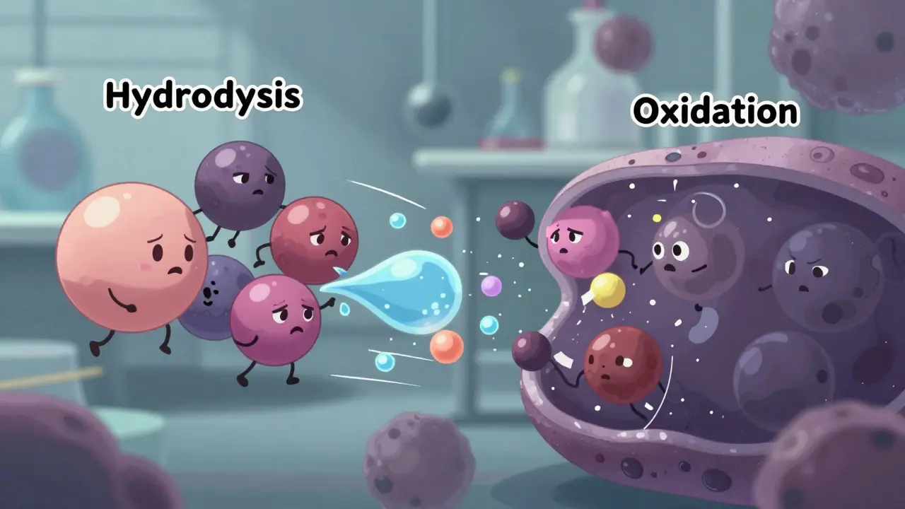 Cute molecules breaking down due to water and oxygen in anime style