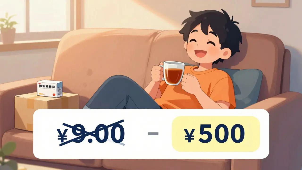 Happy anime character receiving affordable medication delivery