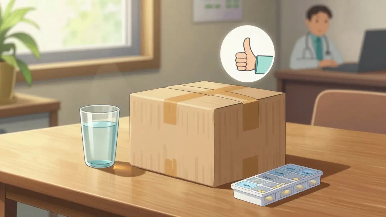 Medication package on table with sunlight and telehealth icon
