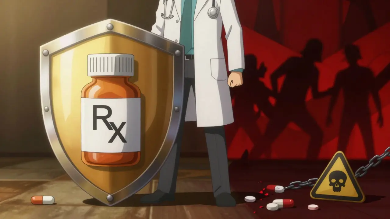 Shield protecting medicine from shadowy counterfeit threats