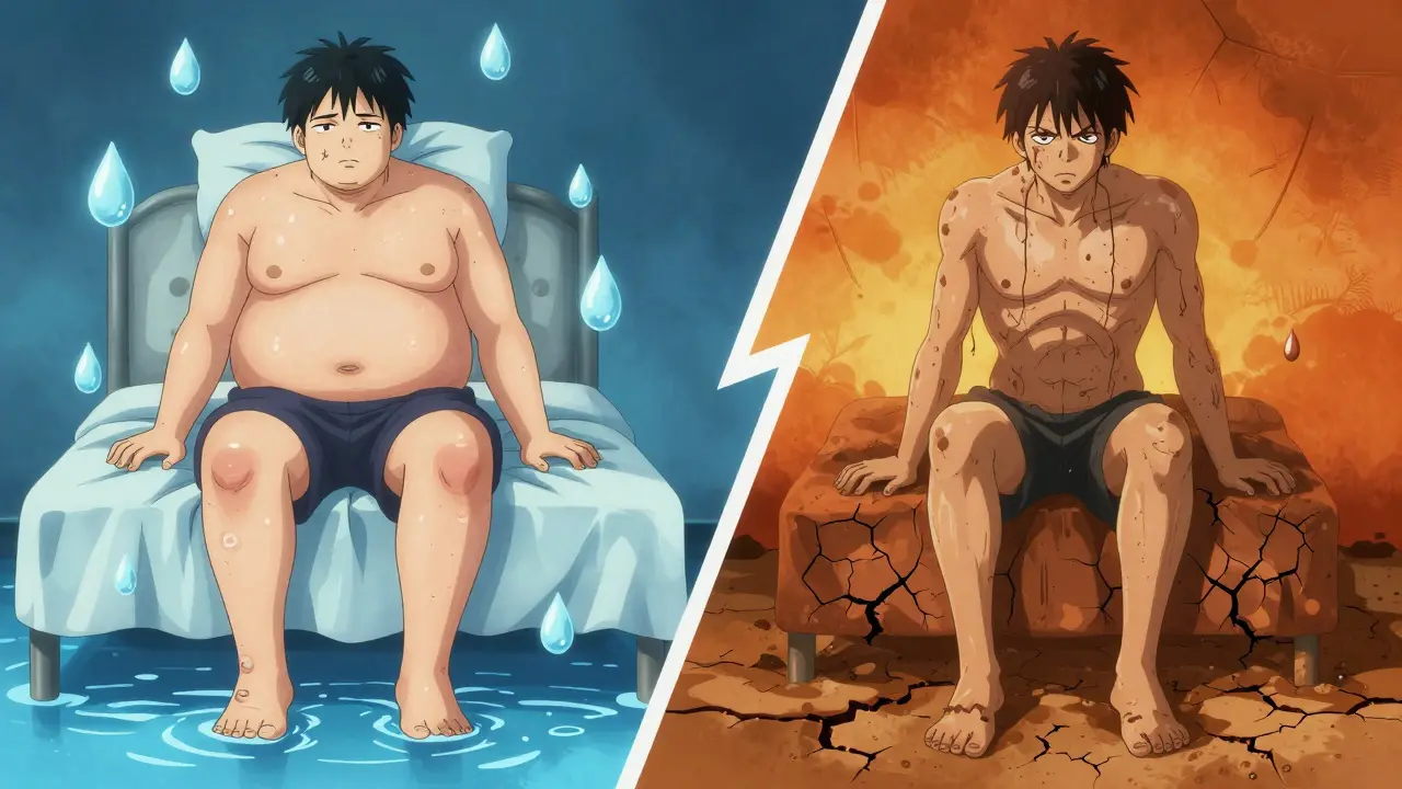 Split anime scene showing swelling from low sodium vs dehydration from high sodium in CKD patients.