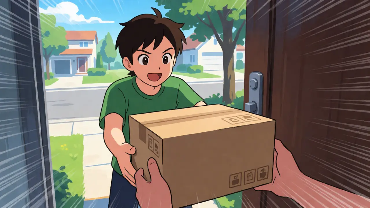 Anime character happily receiving a medicine delivery package at home.