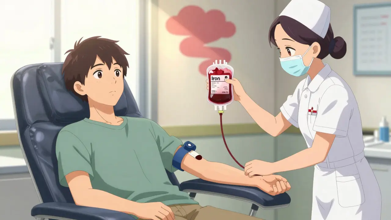 Anime character undergoing therapeutic phlebotomy with a calm expression and sunlight streaming in.
