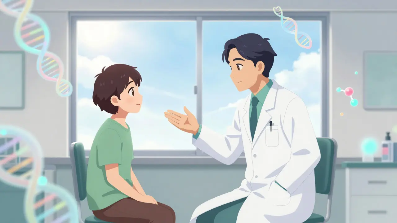 Anime doctor explaining genetic medicine to a patient