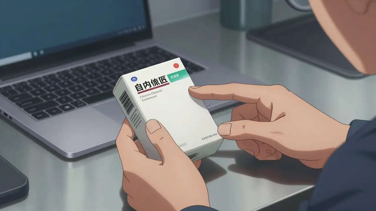 Anime-style close-up of hands inspecting a medication box for authenticity