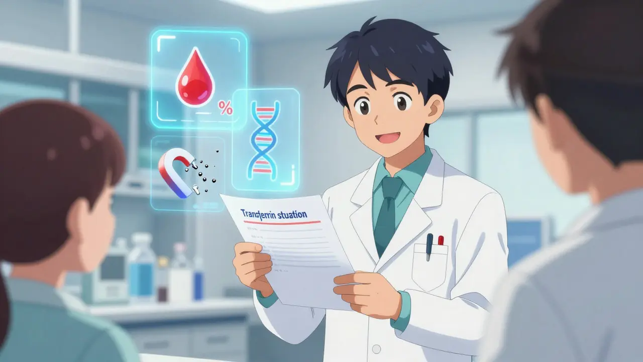 Anime style doctor explaining blood test results and genetic markers to a patient in a lab.