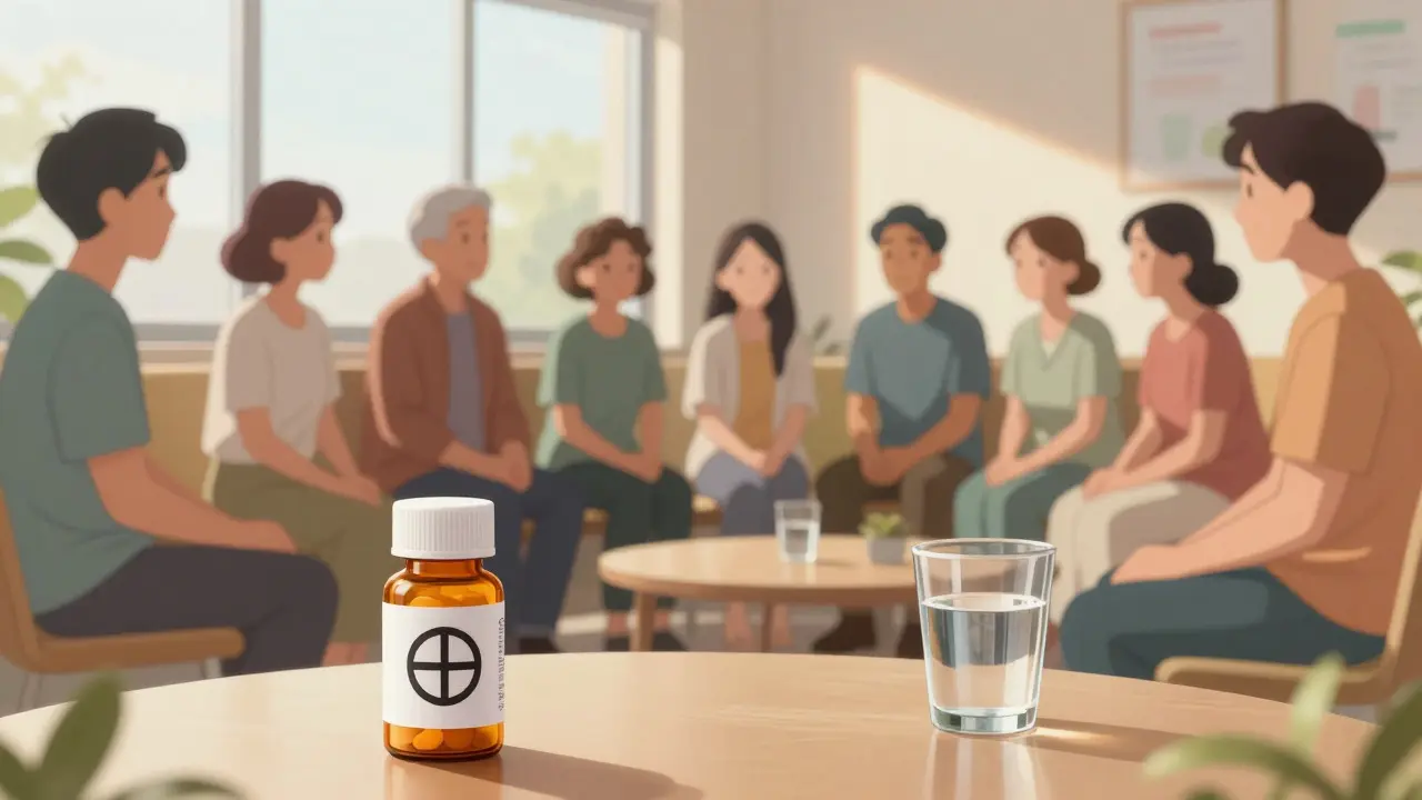 Anime style patients in sunny waiting room discussing treatment options together.