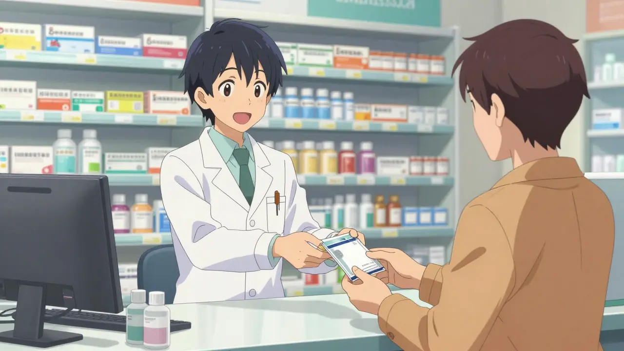 Anime-style pharmacist handing a medication package to a customer